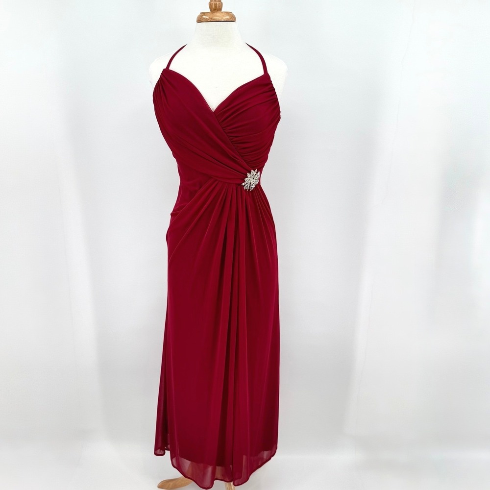 Tawny Y2K Burgundy Halter Maxi Gown Ruched Rhinestone Brooch Dress Junior Size M